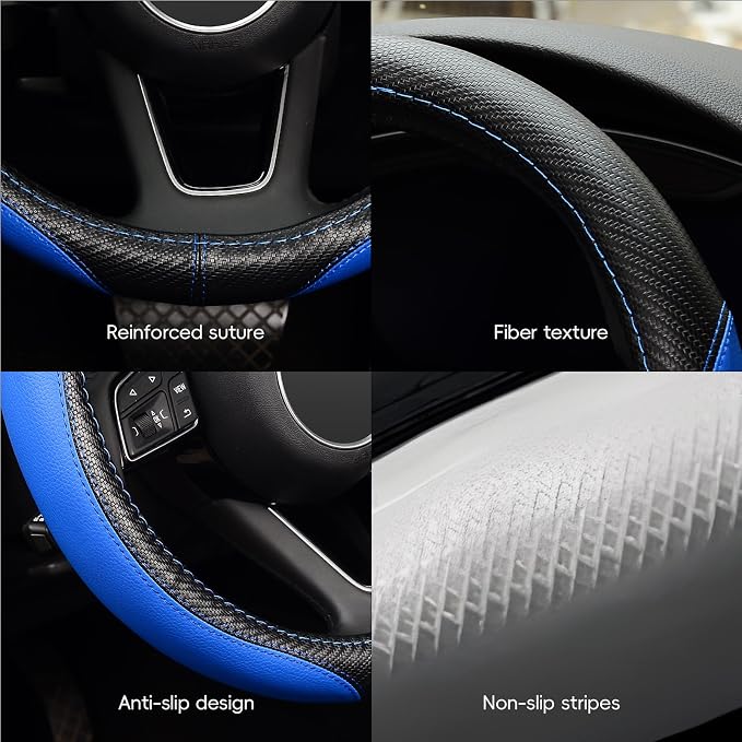 Microfiber Leather Auto Car Steering Wheel Cover, Universal Fit 15 Inch Anti-Slip Wheel Protector, Blue