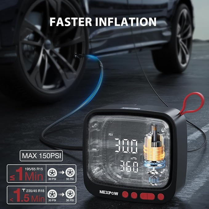 Tire Inflator Portable Air Compressor 150PSI 12V DC Air Pump with Dual Digital Pressure Gauge & Auto Shut-Off, Air Compressor Portable with LED Light for Car, Motorcycle, Bicycle, Ball and More
