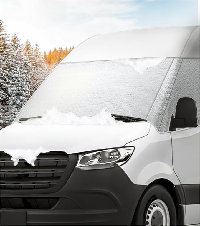 Windshield Cover for Mercedes Sprinter 2007-current, Thick Oxford Front Window Sunshade, Exterior Windshield Cover for Ice & Snow, Gray with Mirror Cutouts