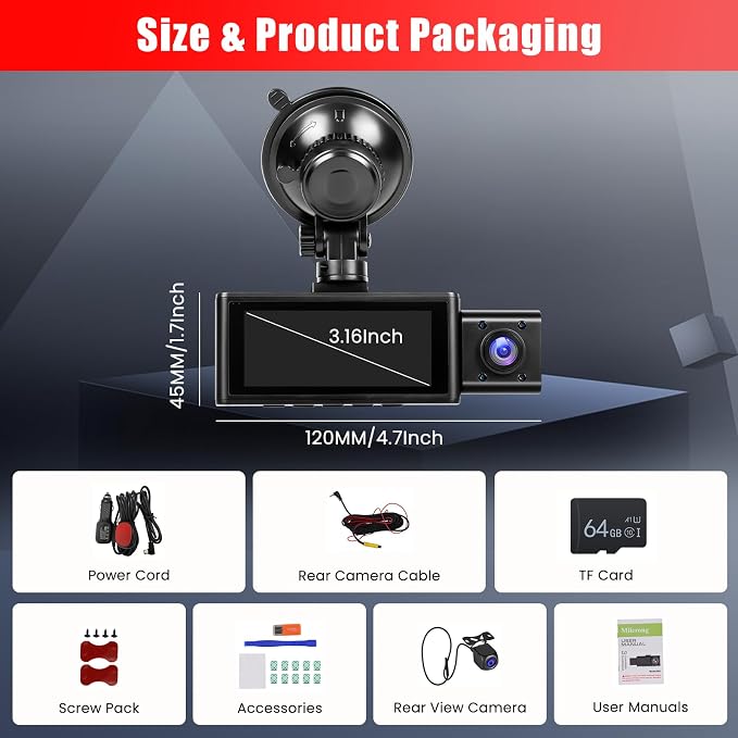 2.5K 3 Channel Dash Cam 360° View,3.16'' DashCam Front and Rear Inside Camera for Cars,WiFi & APP/GPS/Night Vision/Loop Recording/G-Sensor/24H Parking Mode/Suction Cup,Included 64G Card