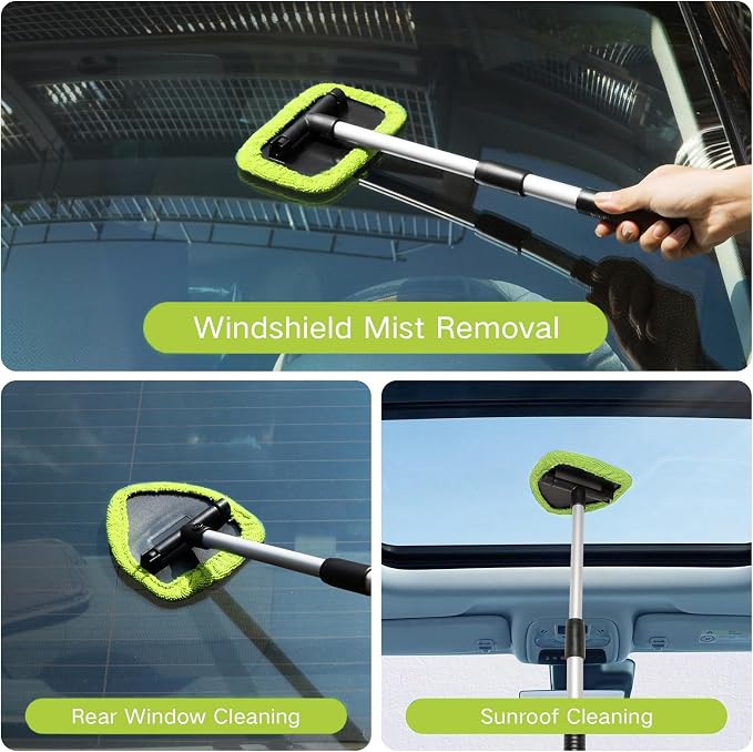 7pcs Windshield Cleaner Tool Car Window Cleaning Wash Kit with 4 Reusable Microfiber Pads 1 Spray Bottle and Extendable Handle Auto Glass Wiper Kit, Green
