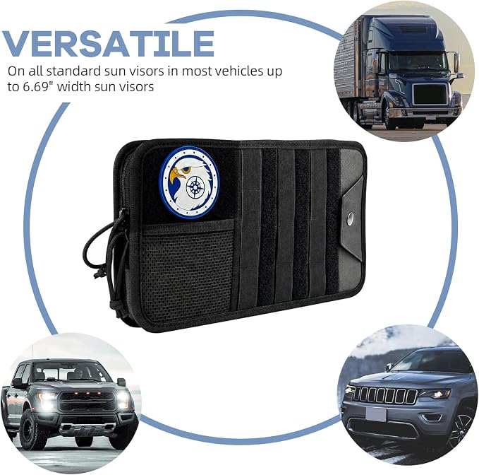 Car Sun Visor Organizer, Heavy Duty MOLLE Storage Pouch with Zipper Pockets, Elastic Straps and Glasses Clip, 1000D Nylon Tactical Visor Organizer for Car/SUV/Truck