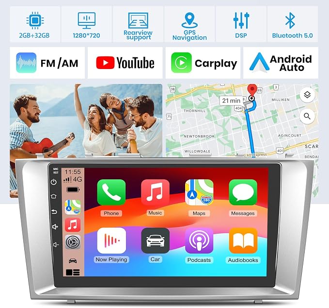 5G WiFi Car Radio Stereo for Toyota Camry 2006 2007 2008 2009 2010 2011 Wireless CarPlay Andriod Auto with SWC GPS Navigation DSP BT FM Rearview 2G RAM 32G ROM