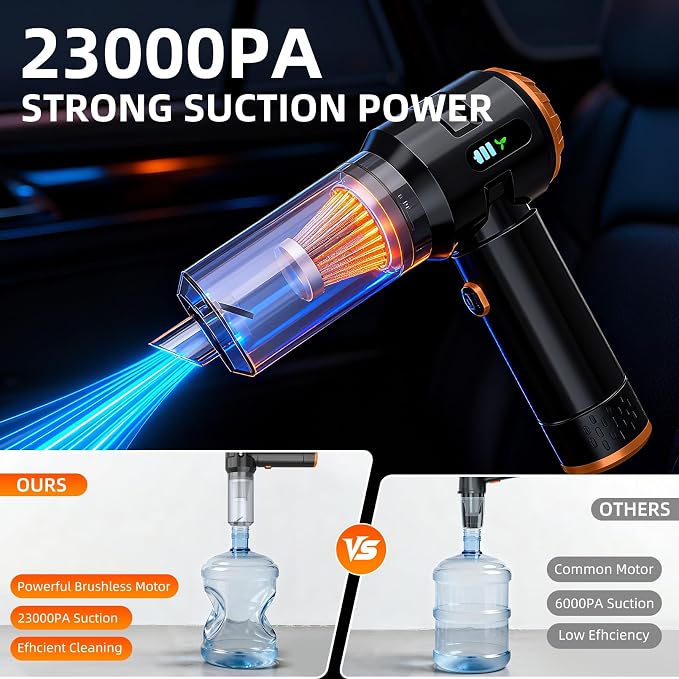 Handheld Vacuum Cleaner Cordless, 23000Pa Powerful Car Mini Vacuum Cleaner, Rechargeable Portable Lightweight dust Catcher for Home Car Carpet Stairs Pet Hair Deep Cleaning（Black-Orange）