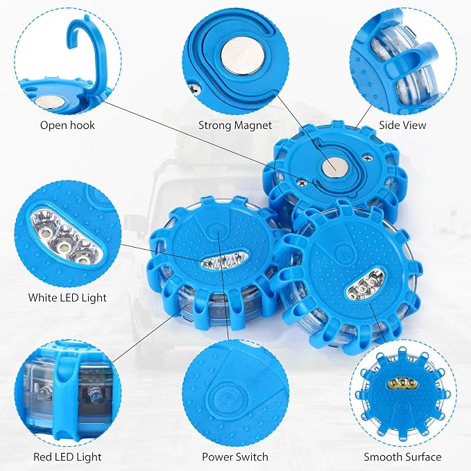 12 Pack LED Road Flares Emergency Lights Roadside 9 Flash Modes Warning Car Safety Beacon Magnet Hook Flashing Disc Flare Kit for Vehicles Car Truck Boats Holiday Gift (Blue)