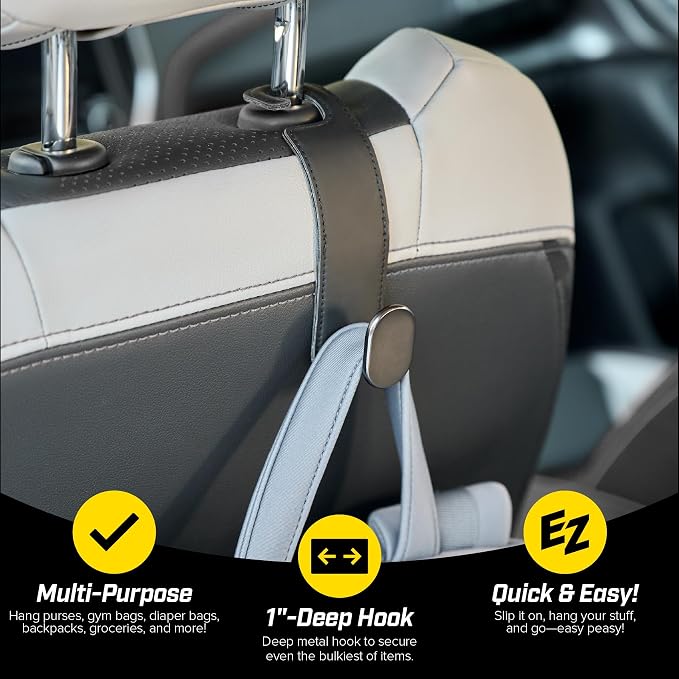 Headrest Hook (2-Pack) - Car Accessories | For Hanging Bags And Purses, Simple Seat Back Hangers, Car Essentials, Road Trip Essentials For Adults