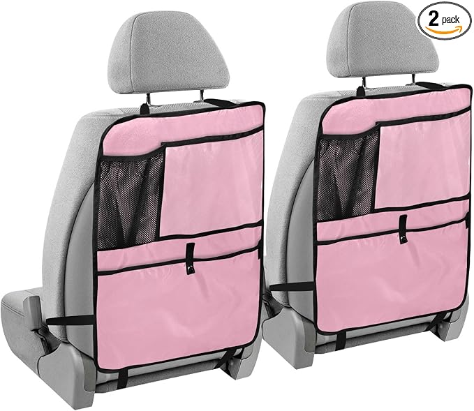 Pink Car Seat Organizer for Kids Backseat Kick Mat with Adjustable Strap Back Seat Protectors for Vehicle SUV Car 2 Pcs
