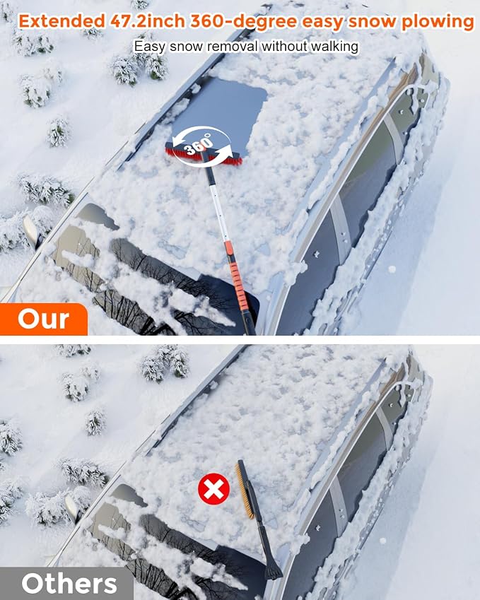 DooGooCoo [Upgrade] Ice Scraper & Extendable Snow Brush for Car Windshield [Military-Grade Sturdy] - 360° Pivoting Brush Head with Silicone Grip for Effortless One-Swipe Clean on Auto (Large)