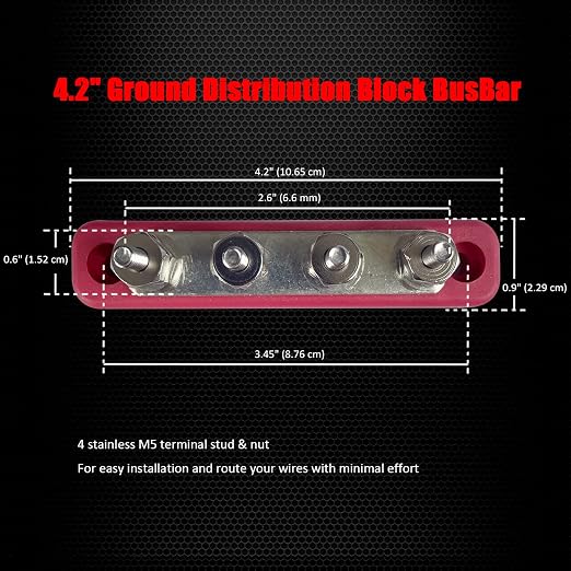 4 x #10 (M5) Studs Bus Bar, 4.2" Power Distribution Block Brass Battery BusBar Junction with Cover for Auto Boat Amplifier and More (Red)