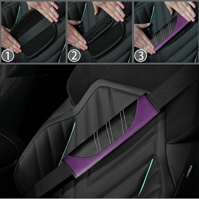 6 Pcs Purple Car Accessories Set, Sport Leather Steering Wheel Cover 14.5-15inch Universal, Leather Car Center Console Cover, Seat Belt Cushion, Cup Holder Coaster (Black-Purple)