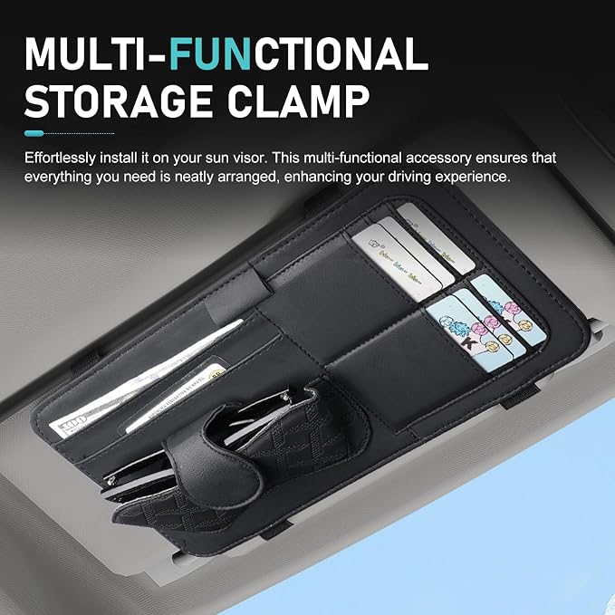 Car Sun Visor Organizer, Multi-functional Vehicle Storage Clip with Sunglasses Holder Document Holder, PU Minimalist Stylish Storage Interior Organizer, for Most Vehicles (Black)