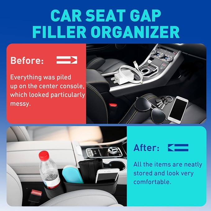 Universal PU Leather Car Seat Gap Filler Organizer with Cup Holder | Center Console Multi-Purpose Essentials Organizer with Phone, Keys, Card Storage Bag, Gifts for Car SUV Truck Owners