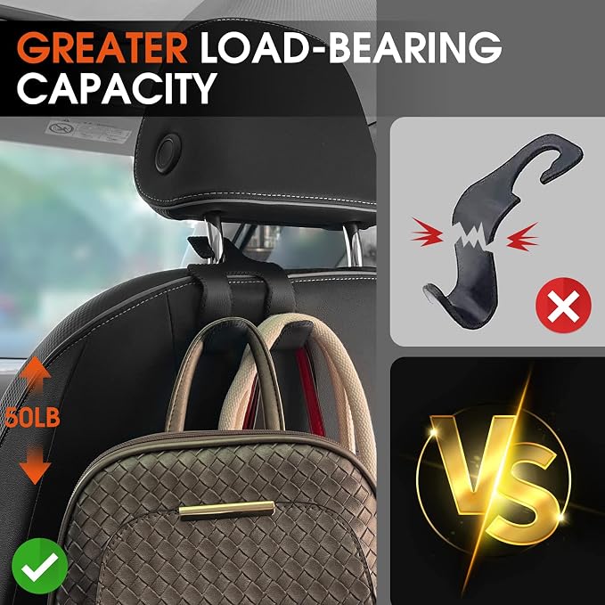 Car Headrest Hooks for Purses and Bags, Upgraded 2 in 1 Cars Back Seat Head Rest Hanger Vehicle Leather Organizer Storage Holder Hook Matching Cars Interior, 1-Pack, Brown