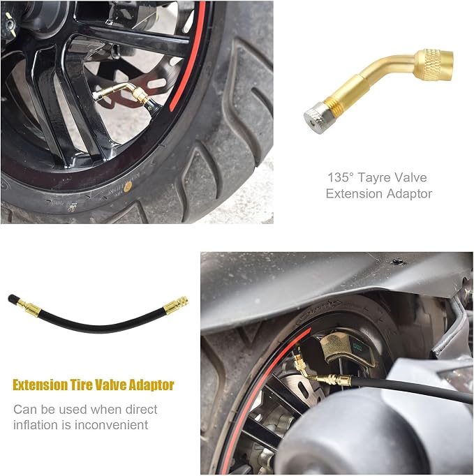 Tire Valve Extension, 8.25 Inch Flexible Valve Stem Extenders with 135 Degree Brass Schrader Tire Valve Extension Adaptor Compatible for Cars Truck Motorcycle Bike Scooter