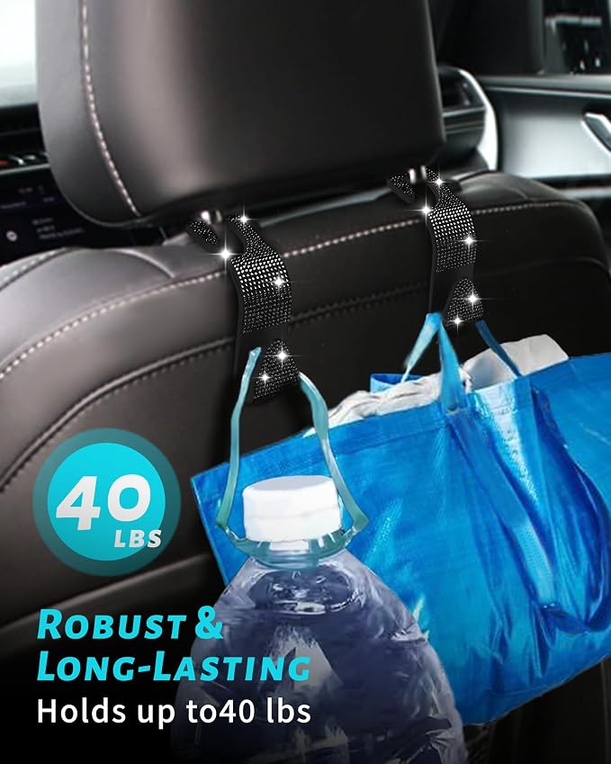 Sparkling Car Seat Hooks, 4 Pack, Black Purse Holder for Car Headrest, Chic Automotive Accessories for Women Essentials Handbag Clothes Coats Grocery Bags