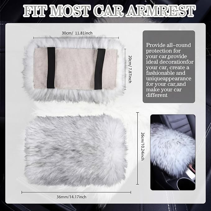 Furry Armrest Cover Auto Center Console Cover Car Soft Console Pad, Real Sheepskin Wool Soft Fluffy Auto Center Armrest Pad for Most Car Decoration Protector(Gray)