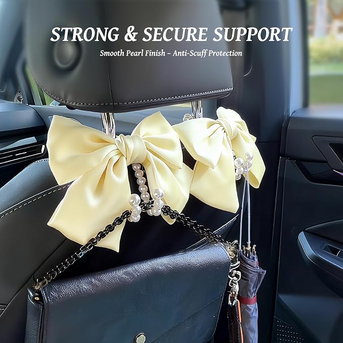 2 PCS Bow Pearl Car Seat Headrest Hook – Cute Purse Hook for Car, Girly Interior Decoration Accessories Hook Hanger, Seatback Holder for Purses & Bags, Elegant Car Organizer (Pearl White)