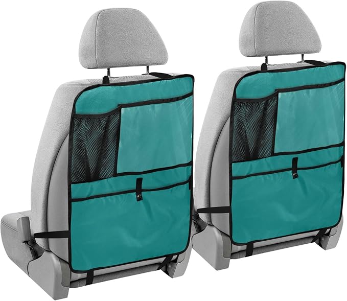 Teal Green Seat Back Organizer Car Kick Mats with Pockets Protector, 2 Pack Car Seat Protector for Child Car Seat