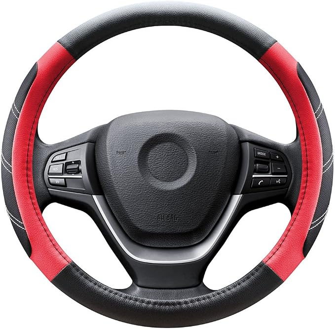 Leather Steering Wheel Cover 14 1/2 to 15 inch Universal Padded Soft Grip Breathable for Car Truck SUV Jeep Anti Slip Black and Red