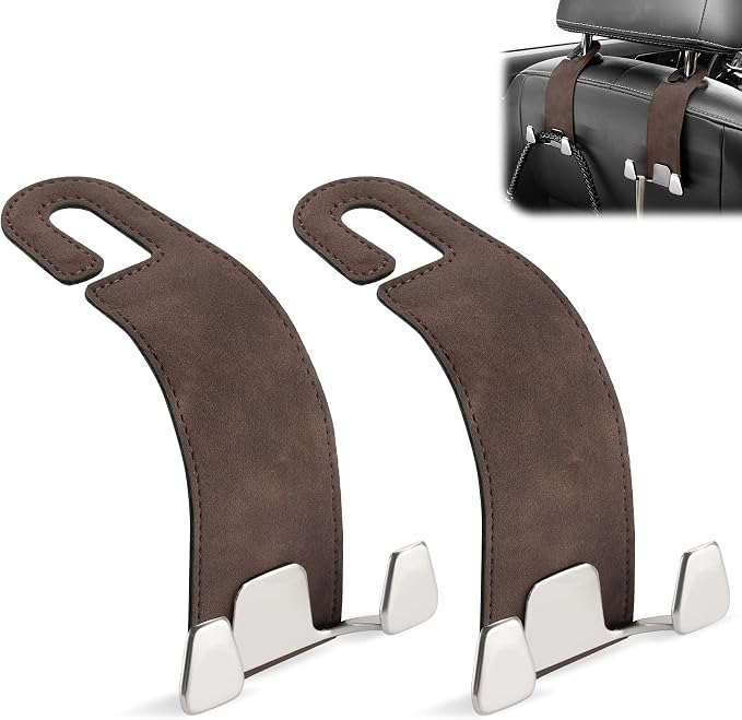 Car Seat Headrest Hook, Premium Suede Double Hook 2 Pack, Universal Hanging Accessories for Purse, Bag, Groceries - Car Interior Accessories (Brown)