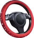 Bling Diamond Leather Steering Wheel Cover, with Bling Sparkly Crystal Glitter Rhinestones Universal Fit 14" 1/2-15" Car Wheel Protect for Women Girl Fit Suvs,Vans,Sedans,Cars,Trucks, Red