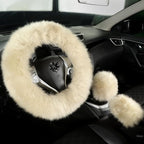 Fuzzy Genuine Sheepskin Steering Wheel Cover Set for Women Parents-Fluffy Soft Australian Merino Wool Wrap with Gear Shift and Hand Brake Covers, Cozy Stylish Luxury Car Accessories (Linen Color)
