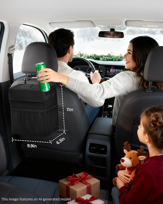Corduroy Car Trash Can with Lid and Mesh Pockets - Leakproof Organizer,Multipurpose Waterproof Garbage Can/Trash Bin for Car(Black-3 Gallons)