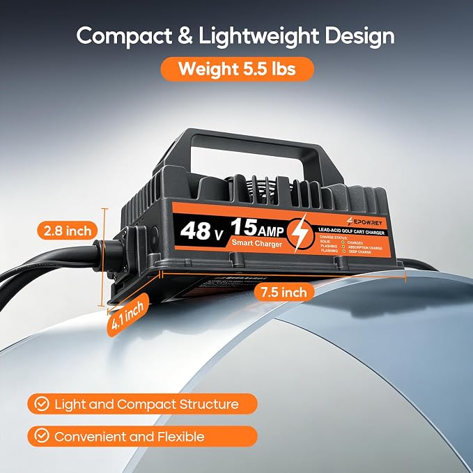 15 AMP Golf Cart Charger 48 Volt 3-Pin Round Plug for Club Car Precedent & DS-Lead Acid Battery