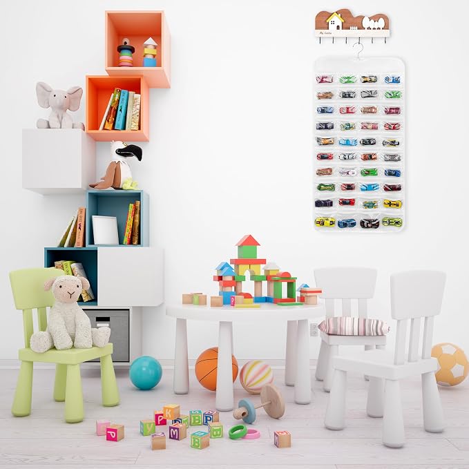 Hanging Organizers for Mini Car Double Sided 80 Pockets Display Case for Toy Cars(Without Toy Cars) (One Piece White)