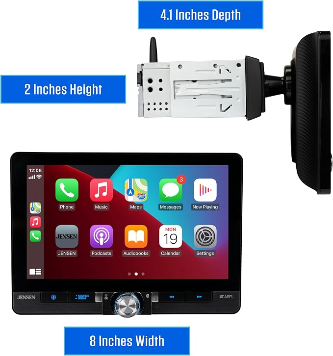 J1CA8FL-BUC 8" Wireless Apple CarPlay Android Auto with Camera | Backup camera included, fits single or double DIN, wired or wireless Certified Apple CarPlay, Android Auto, Bluetooth, USB