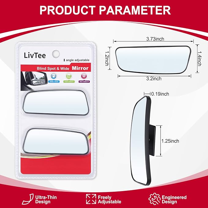 Framed Rectangular Blind Spot Mirror, HD Glass and ABS Housing Convex Wide Angle Rearview Mirror with Adjustable Stick for Universal Car (2 pcs)