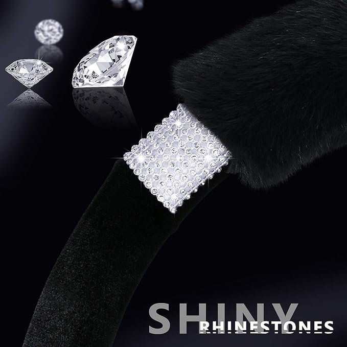Rhinestone Fluffy Steering Wheel Cover - Comfortable Non-Slip Luxury Faux Wool, Universal Fit for 14.5" to 15" Steering Wheels