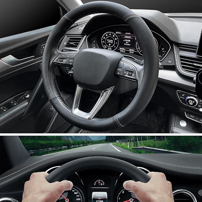 Nappa Premium Leather car Steering Wheel Cover, Non-Slip, Breathable, Universal 15 inches (red Blue line)