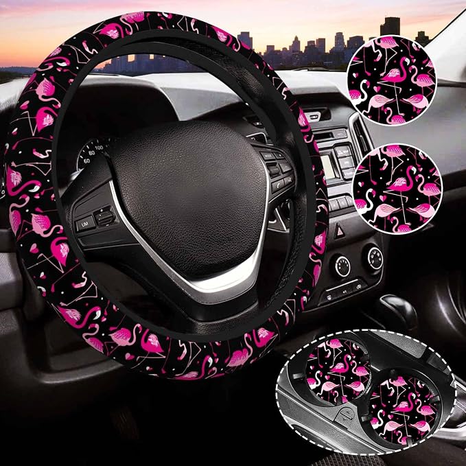 Flamingo Steering Wheel Cover for Women, Universal Auto Steering Wheel 14-15 Inch Car Interior Accessories with 2PCS Car Coasters, Suitable for Men and Women