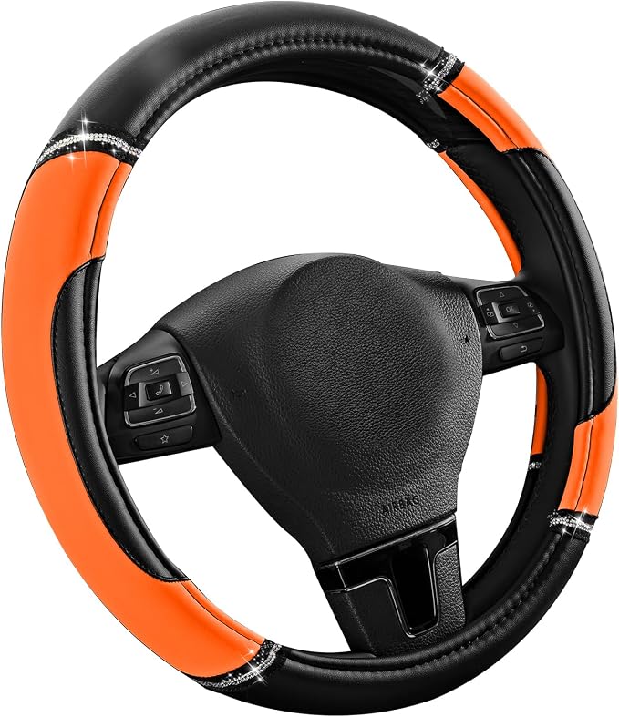 Leather Steering Wheel Cover - Made with PVC Leather - Anti-Slip, Universal Fit 14 1/2 inches to 15 inches - Orange