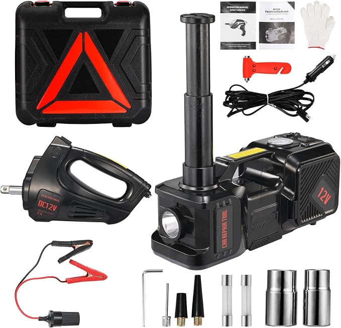 Electric Car Jack kit 5 Ton 12V Electric Floor Jack Lift for Vehicle, Electric Hydraulic Jack Auto Repair Tool Set with Built-in Inflator and Impact Wrench for SUV Sedan Truck Tire Change