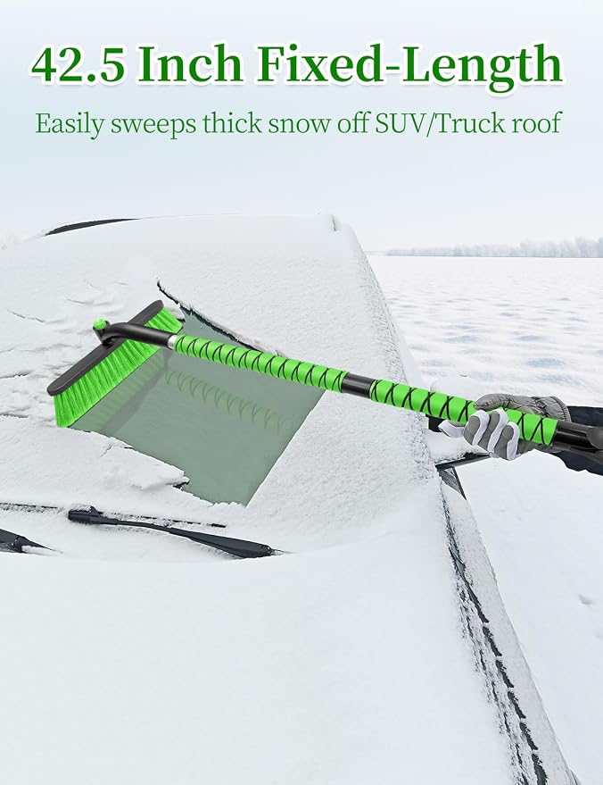42.5 Inch Car Scraper Snow Brush, 12.6 Inch Large Brush Head with Ice Scraper for Window Windshield, Portable Snow Scraper for SUV Truck Vehicle RV Auto - Green