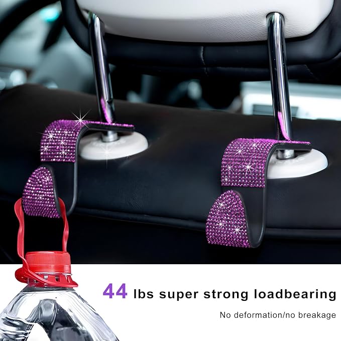 4 PCS Car Seat Headrest Hooks, Bling Crystal Rhinestone Back Seat Hanger Storage Organizer, Sparkly Seatback Holder Hooks for Purse and Bags Universal For Most Vehicles (Pink)