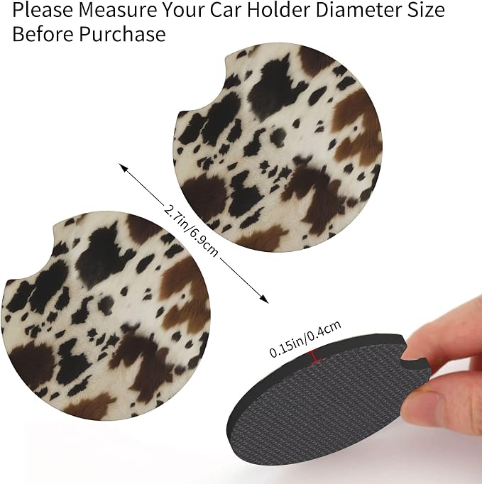 Cow Print Steering Wheel Cover - 2 Car Cattle Cup Coasters | Anti-slip Breathable Universal 14 - 15-In Vintage Cows Print Cute For Men Women