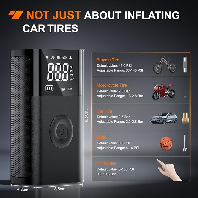 Tire Inflator Portable Air Compressor Battery Rechargeable 12VDC 150PSI Cordless Auto Shutoff w/Digital Pressure Gauge 2X Faster Inflation Pump for Car Motorcycle ATV UTV Bike