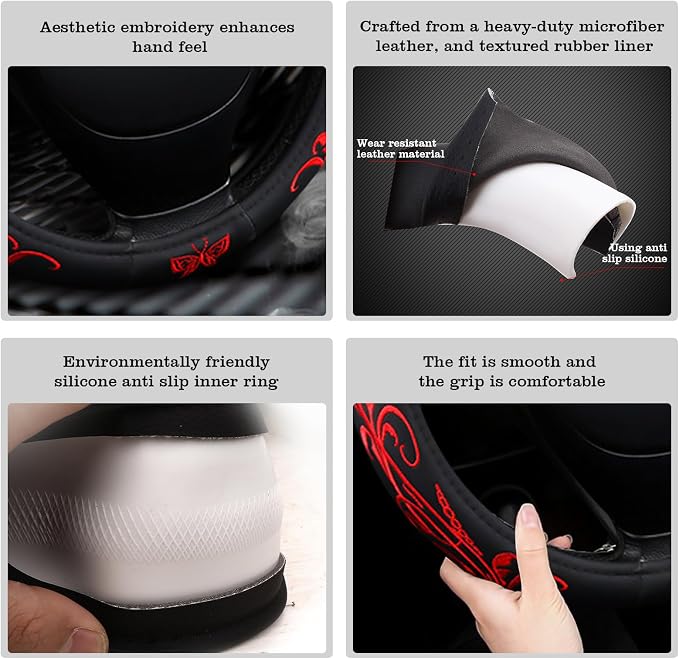 Car Leather Steering Wheel Cover - Panapi Material, Universal 14.5-15 Inch Leather Anti-Slip Breathable Auto Steering Wheel Covers for Men Women (Embroidery-Red)