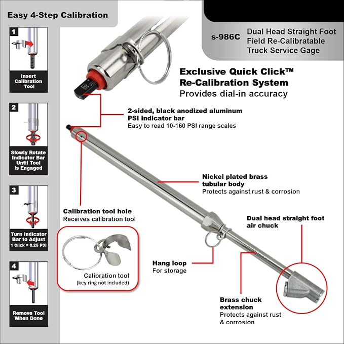 s-986C Calibratable Tire Pressure Service Gauge, Dual Head Straight Foot Chuck, 10-160 PSI