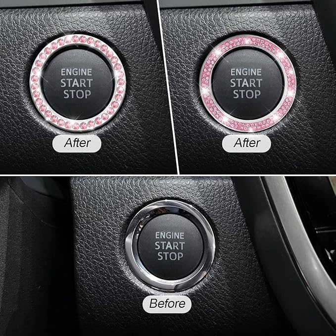 Car Bling Crystal Rhinestone Engine Start Ring Stickers, 1 Single Drainage Drill and 1 Double Drainage Drill Car Start Button Cover, Key Ignition Knob Bling Ring Decals, Car Accessories(Set Pink)