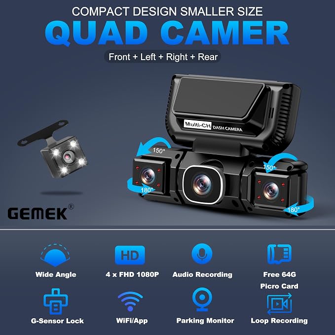 360 Degree View 4 Channel Dash Cam 5G WiFi & APP Control, 2K Front and Rear Inside, Left Right Dash Camera for Cars Free 64GB TF Card, G-Sensor, Night Vision, 24H Parking Mode