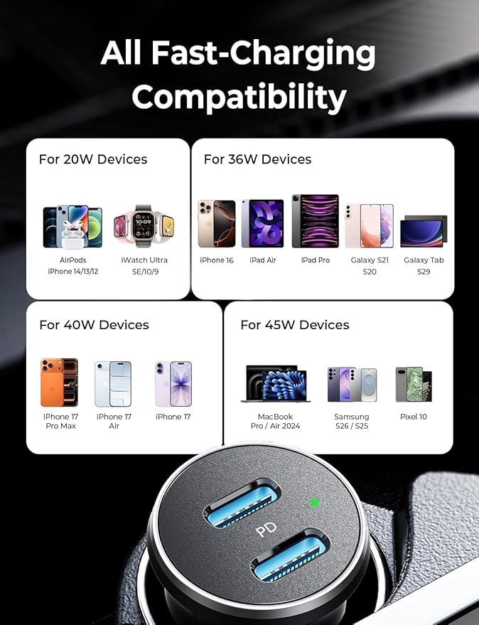 90W USB C Car Charger USB C Fast Charge, 45W PD&QC 3.0 Fast Car Charger for iPhone 17 Pro Max 16 15 Pro, Cigarette Lighter USB Charger Adapter for Samsung S26 S25, Android [Metal&Mini] Sockets