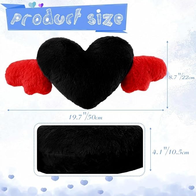 2 Pcs Plush Heart Shaped Pillow with Angel Wings Car Headrest Soft Comfortable Seat Pillow for Driving Travelling Room Office Car Decor, 19.7 x 8.3 Inch(Black, Red)