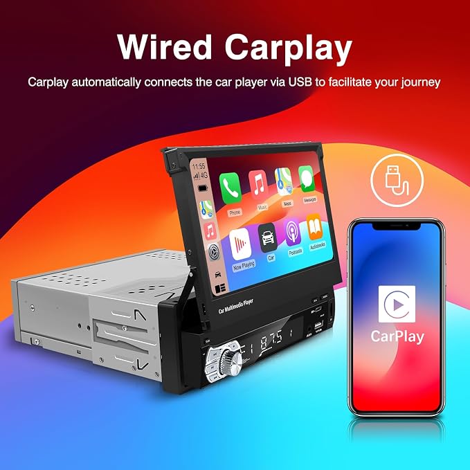 Single-Din-Touchscreen-Radio,Carplay&Android Auto,Car Stereo Backup Camera | Bluetooth/FM/RDS Radio/Type-C/USB/SD/MP4/MP5 Player