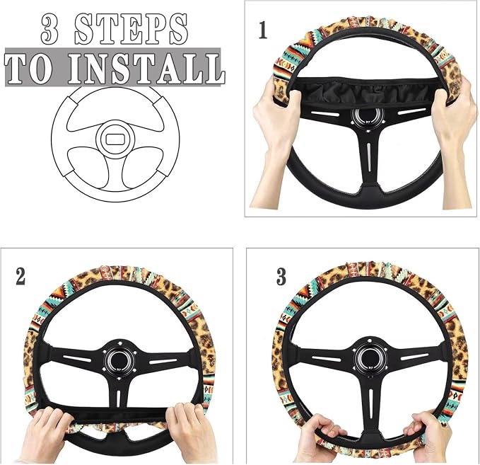 Car Steering Wheel Cover Universal 15 Inch Auto Accessories Car Interior Decoration for Women Men Fit SUV Sedan Van Truck, Vintage Aztec Leopard Print