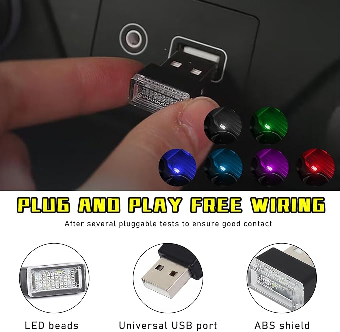 6 PCS USB LED Car Interior Atmosphere Lamp, Plug-in USB Decor Night Light, Portable Auto Ambient Lighting Kit, Universal Vehicle Interior Accessories for Most Cars (6 Colors)