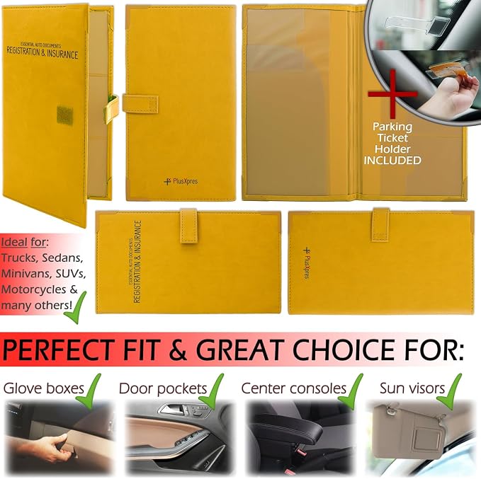 Registration and Insurance Card Holder - Car Organizer - Yellow | Vehicle Glove Box Document Organizer, Auto Essential Paperwork Holder for Contact Information Cards, Interior Car Accessories